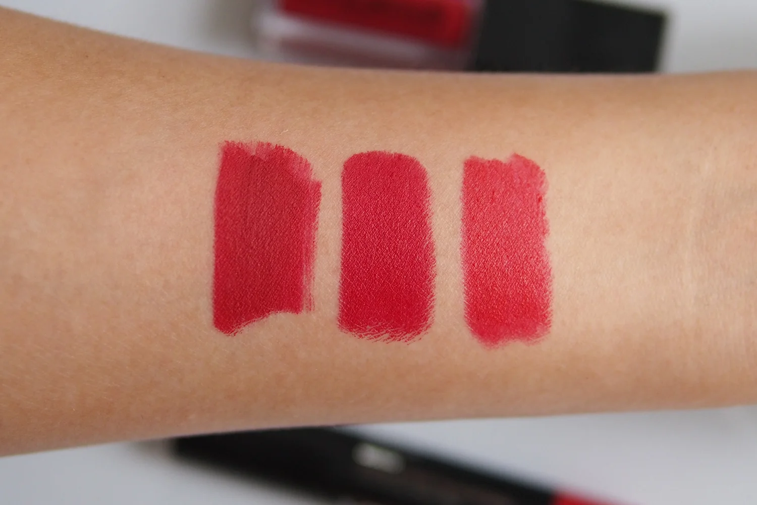 From left: Smashbox Always On Liquid Lipstick in Bawse , Maybelline Loaded Bolds Lipstick in Smoking Red , Catrice Matt Lip Artist 6hr Lipstick in Reditorial