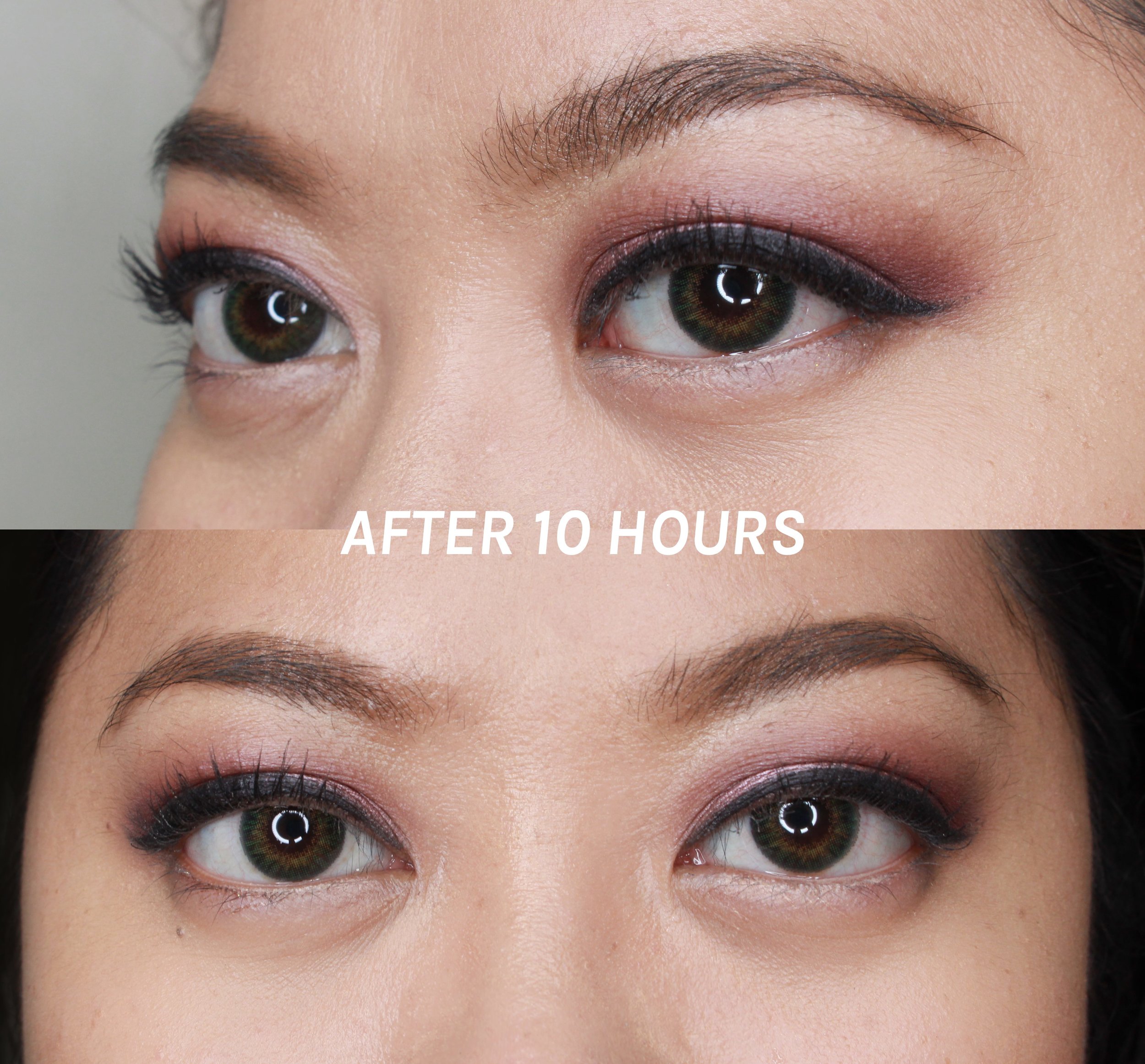 Both photos show what the eyeliner looks like after ten hours