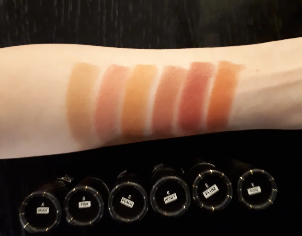 Swatches, from left: swatched: Artemis Nude, Venus Pink, Aurora Peach, Inanna Honey, Cleo Plum, Freya Rose