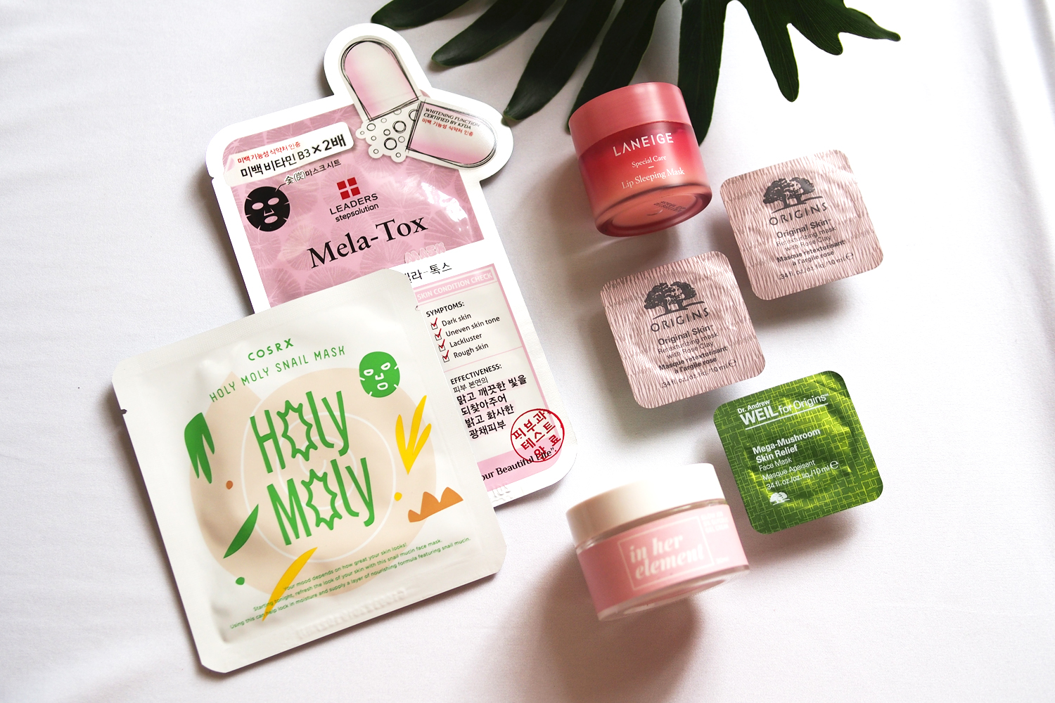 Leaders Stepsolution Mela-Tox (P178), CosRx Holy Moly Snail Mask (P135), Laneige Lip Sleeping Mask (P950), Origins Original Skin Retexturizing Mask with Rose Clay (P1,500 for the full size), Origins Mega Mushroom Skin Relief Face Mask (P3,200 for the full size), In Her Element Glow Job 5% Glycolic Gel Cream (P775)