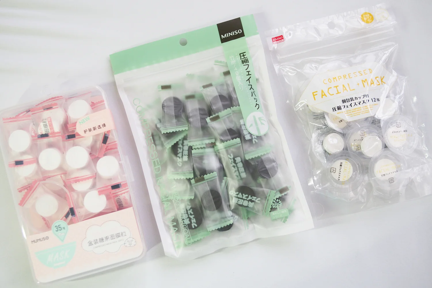 Mumuso Box Packed Compressed Facial Mask (P99), Miniso Bamboo Charcoal Compressed Facial Mask (P149), Daiso Compressed Facial Mask (P88)