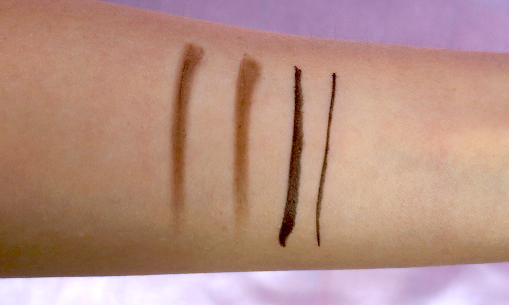 Swatches, from left: Brow Pencil in Dark Brown and Brown, Liquid eyeliner in Black (thick and thin swatches)