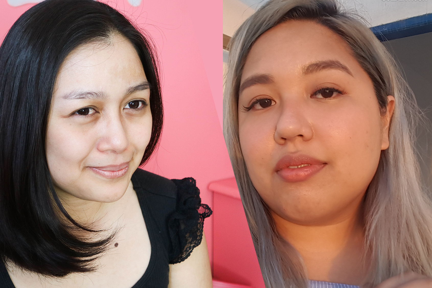 Before photos: Den has uniformly dark hair while mine lean towards gray because of previous color treatments