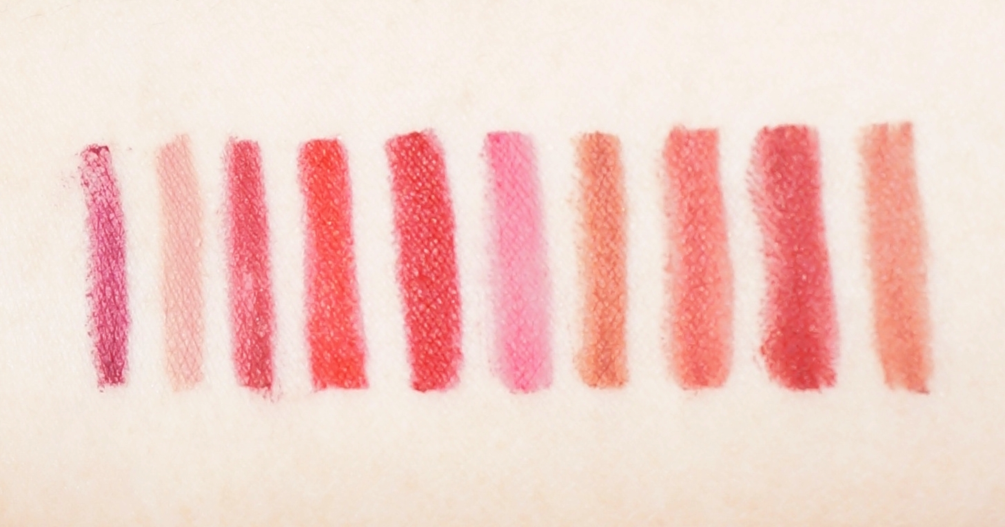 Swatches, from left: Vivid Violet, Sexy Nude, Vogue Diva, Glam Red, Fierce Red, Pink Flame, Toast of New York, Siennas, Dusk, Mirrored Mocha