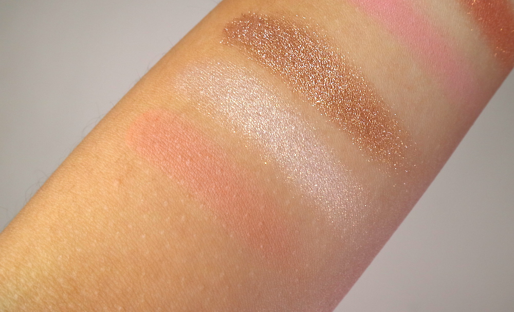 Swatches, from left: Eyecrush Matte Shadow in MBE02 Nudie Beige, Eyecrush Shimmer Shadow in SWH 01 Goldish Tiara, and Eyecrush Spangle Pigment in BE01 Sugar Sand