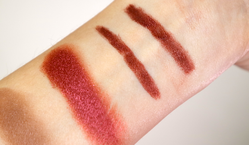 Swatches, from left: Eyecrush Shimmer Foil in RD01 Lust Red, Eyecrush Dual Fix Liner in 04 Cherry Wood bare and with fixer