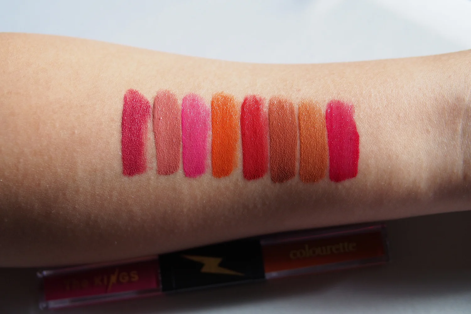 Swatches, from left: Dualitint 1 in Love and Light, Dualitint 2 in Resting Beach Face (RBF) and No Furs Given (NFG), Dualitint 3 in Supercharged and Racewife, and Dualitint 4 in the metallics Happy Hour and Morning After
