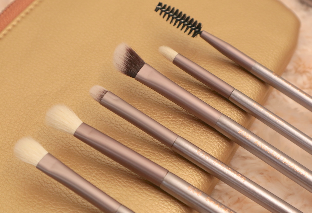 From left: E07 Flat Shader, E06 Shader, E10 Smudger, E08 Angled Shader, E09 Pencil, E01 Liner/Brow Duo