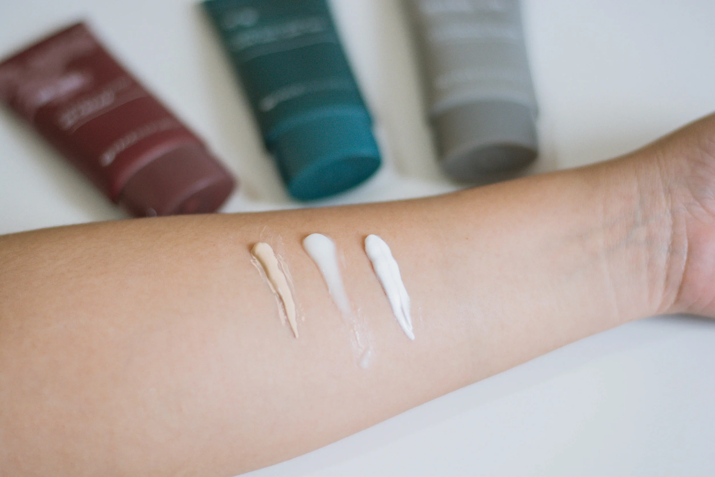 Swatches, from left: Perfect Cover BB Cream, Super Screen Sun Gel SPF50+, and Crystal Glow Whitening Cream
