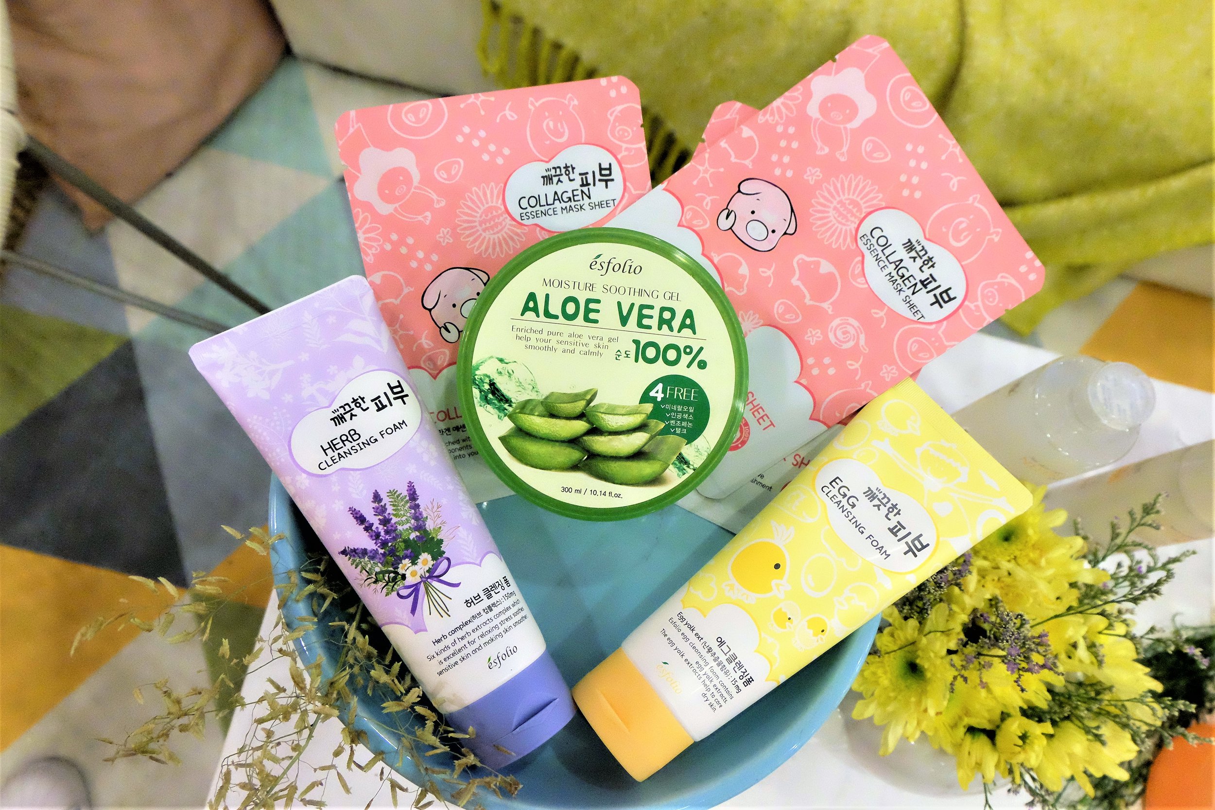 Collagen Essence Mask, Aloe Vera Soothing Gel, Herb Cleansing Foam, and Egg Cleansing Foam