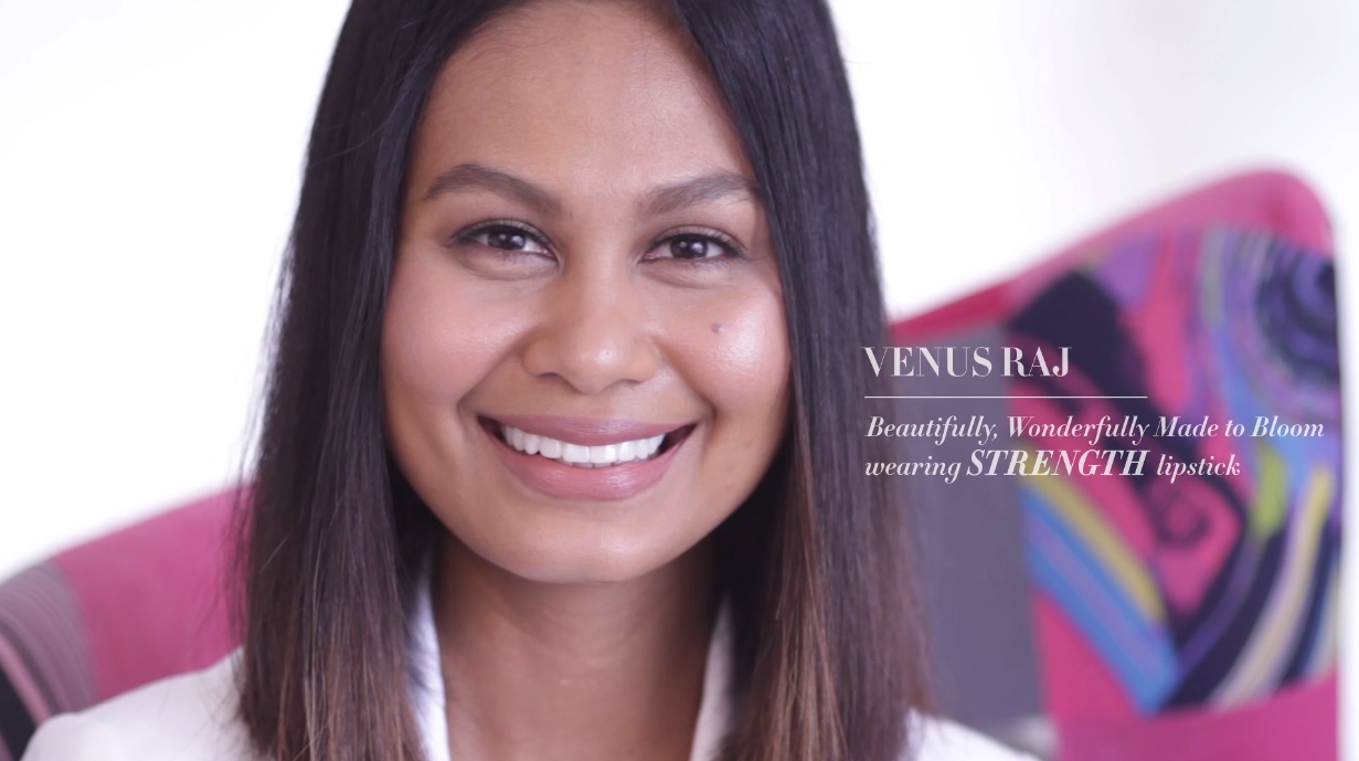 Venus Raj wearing HHN Made to Bloom Lipstick in Strength