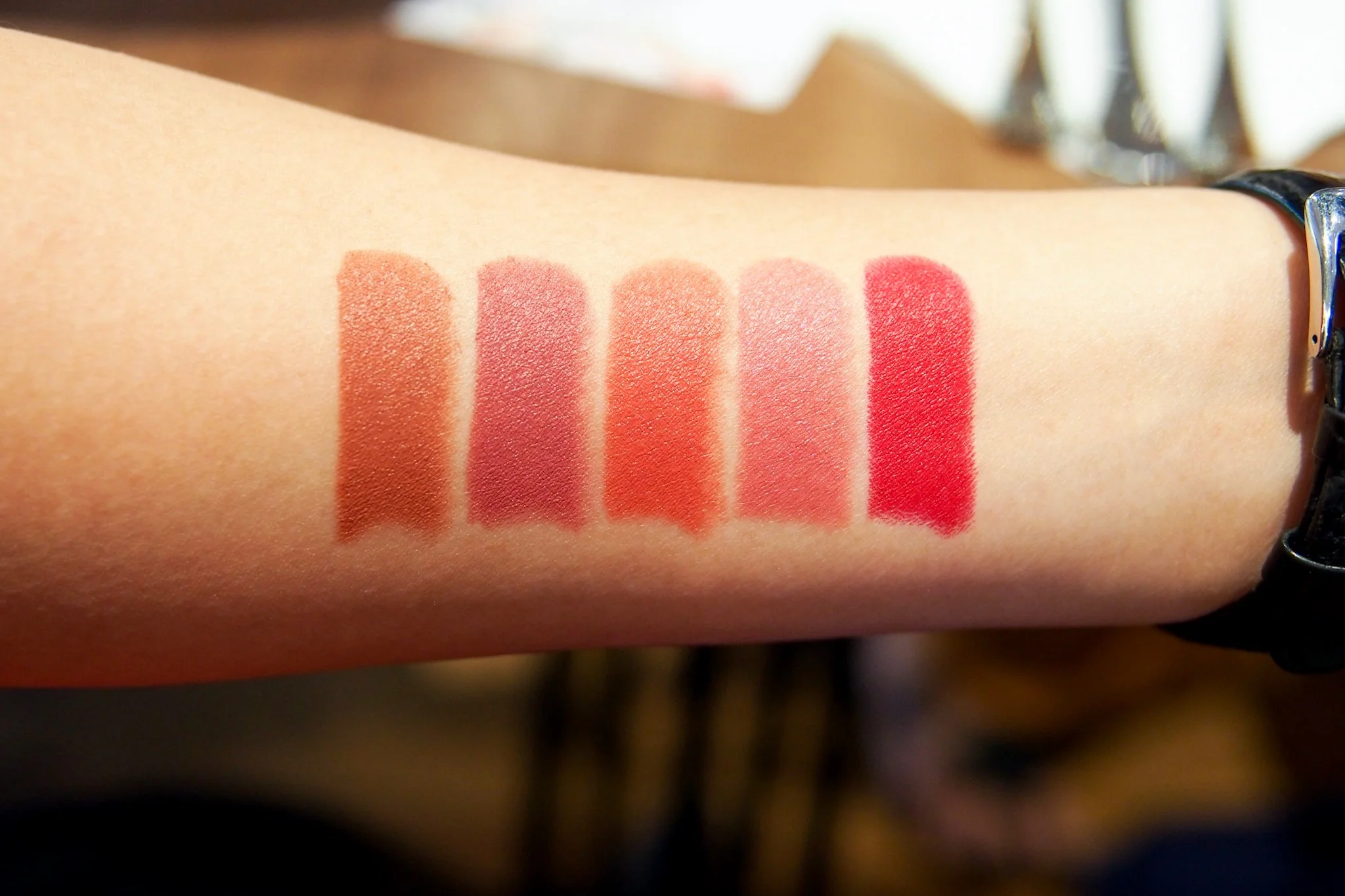 Swatches, from left: Brick Planet, Hinted Blush, Rouge a Porter, Spring Rosette, Pure Rouge