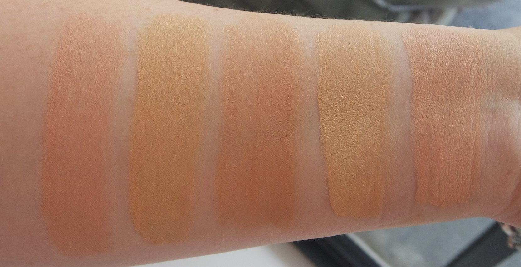 Swatches, from left: Rose, Peanut, Cinnamon, Vanilla, Cream