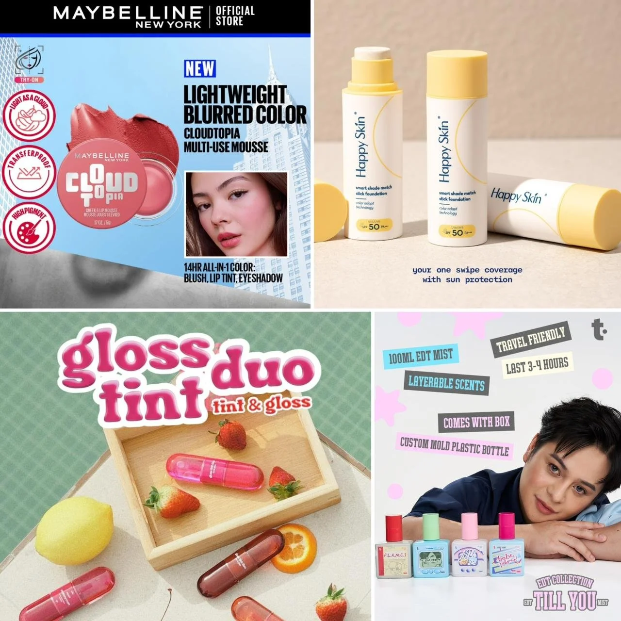 Beauty Roundup: Happy Skin Smart Shade Match Stick Foundation, Maybelline Cloudtopia, Squad Cosmetics Gloss Tint Duo, and Tillo Till You EDT