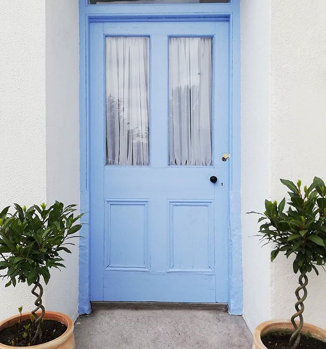 #beforeandafter lovely #lulworthblue from @farrowandball  Years and layers of paint stripped. Delighted to keep the original door. Hubby did good 💙.
.
.
.
.
.
.
...
.
.
.
#bluedoor #blue #powderblue #doorsofinstagram #bluedoors #frontdoor #backdoor 