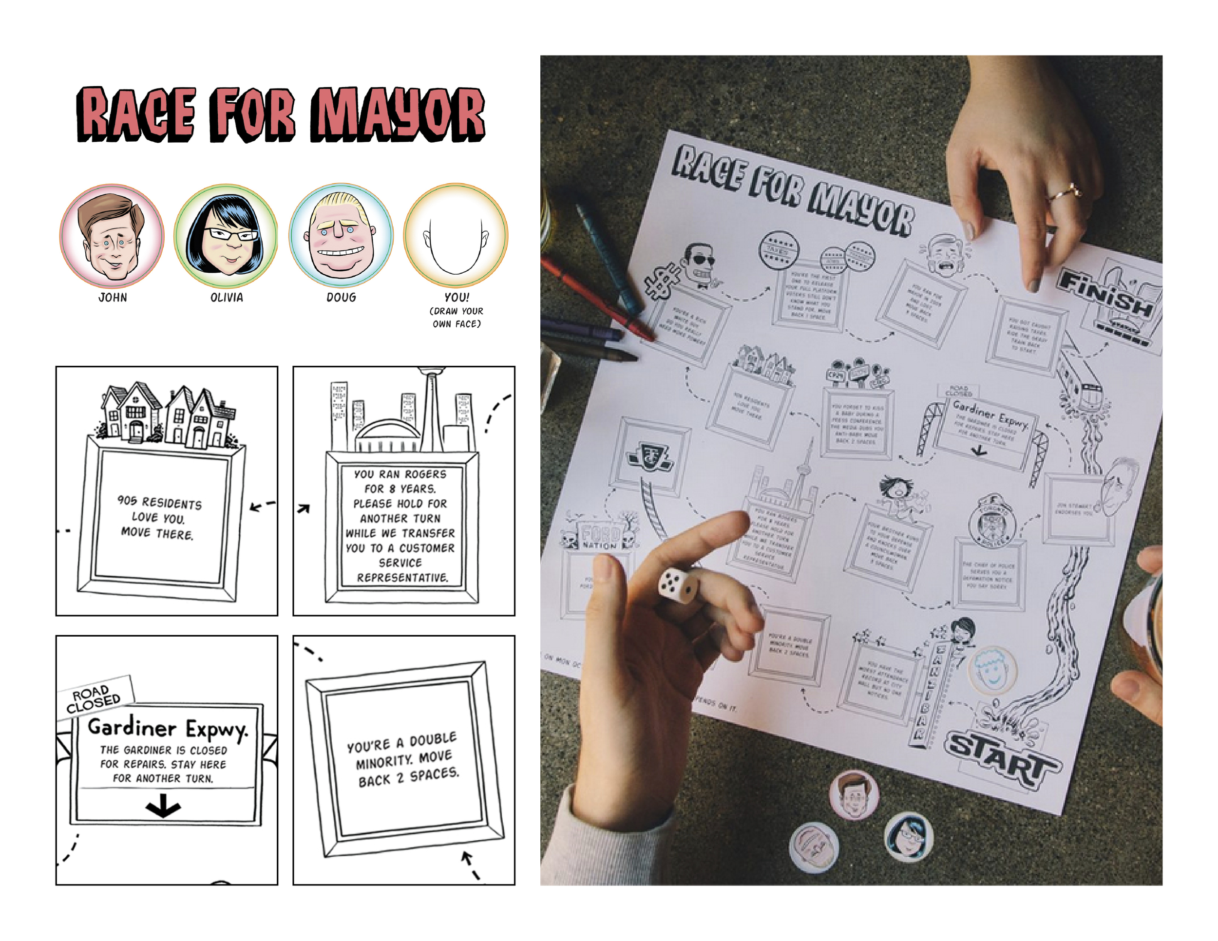  In anticipation for the Toronto Mayoral elections, we created a board game for guests to play that highlighted ridiculous facts about each candidate and ultimately reminded Torontonians to vote.&nbsp; 