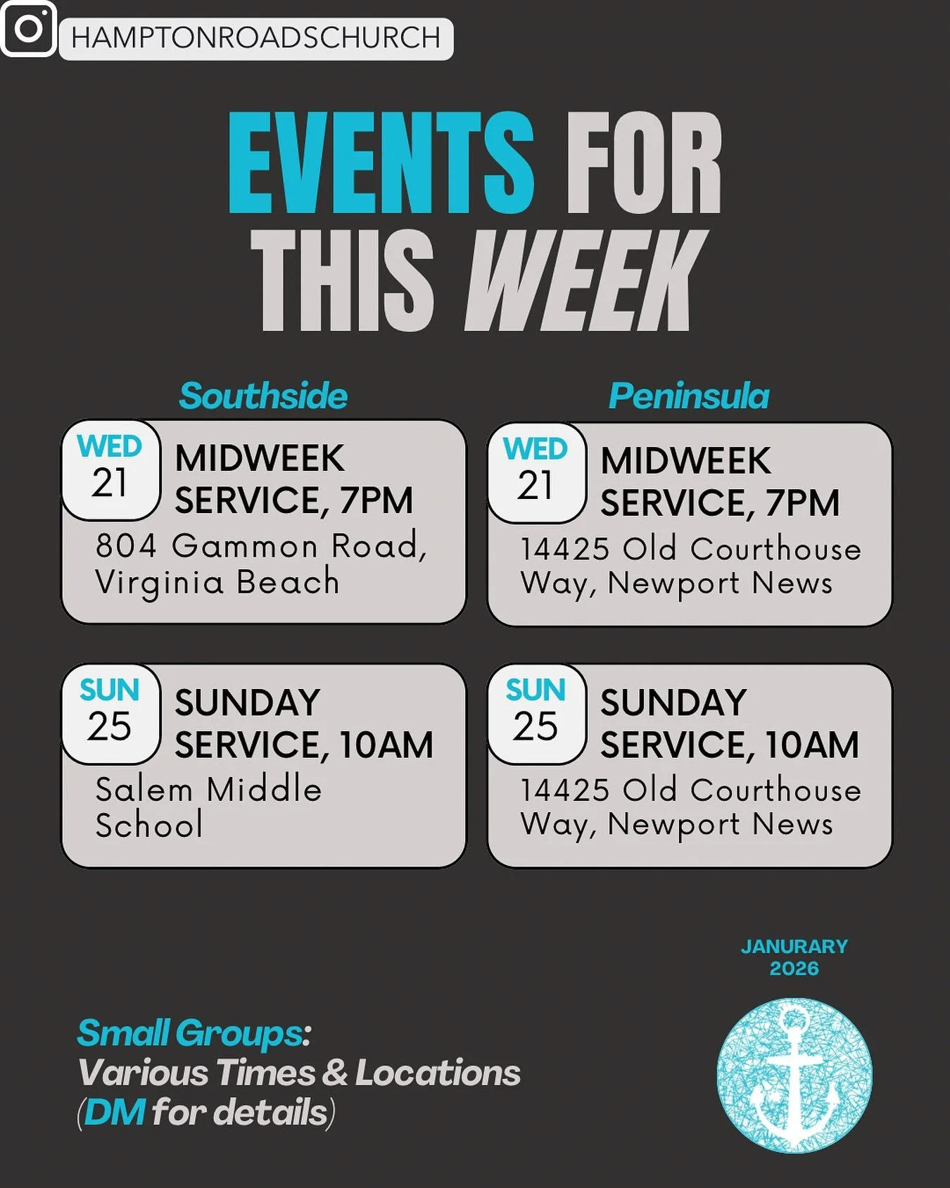 Here&rsquo;s your Week in a Glance 👀

✨ Midweek Service &mdash; pause, pray, and be refreshed
🙌 Sunday Service &mdash; gather, worship, and grow together

Save this post and invite a friend