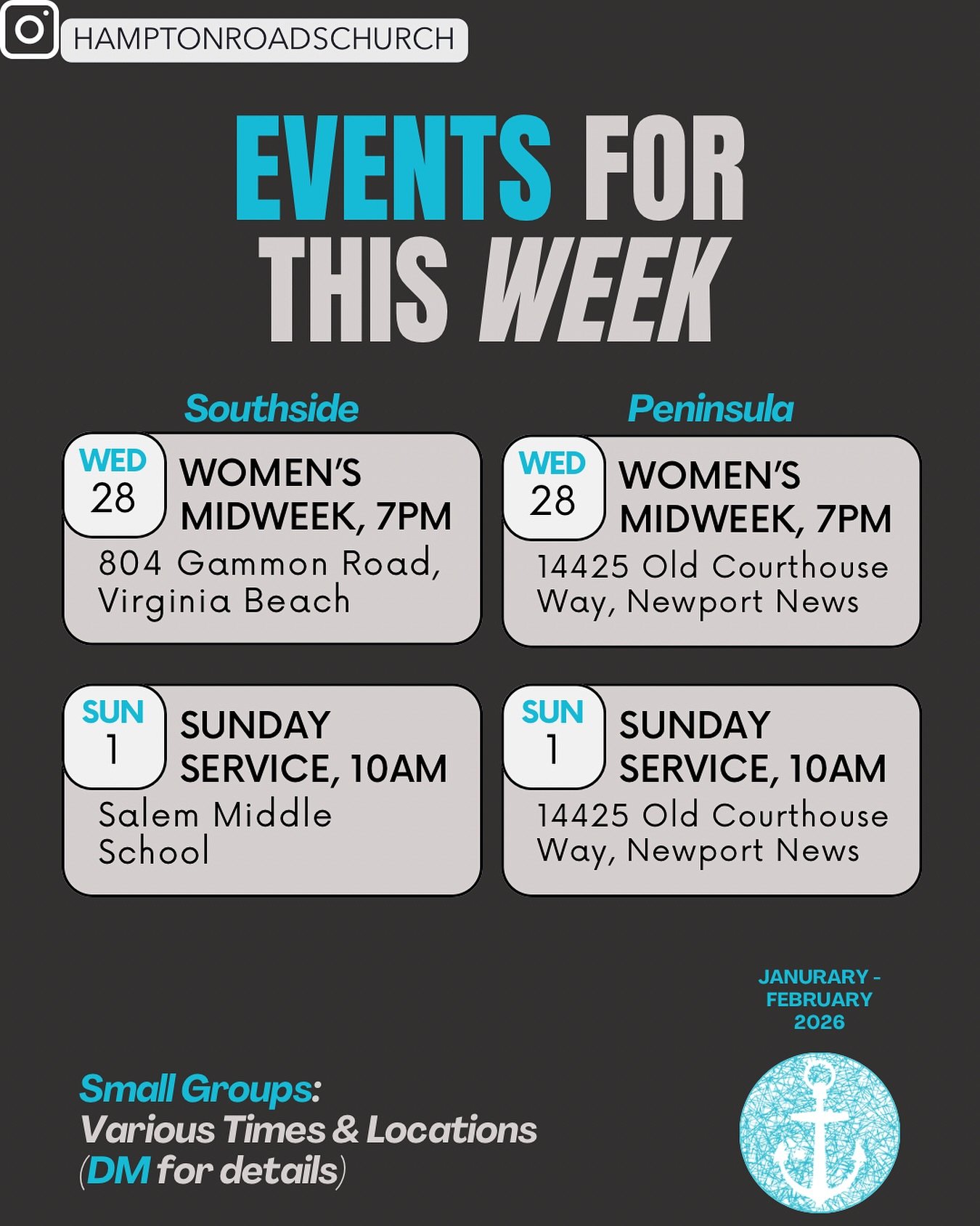 Here&rsquo;s your Week in a Glance 👀

✨ Women&rsquo;s Midweek Service &mdash; pause, pray, and be refreshed
🙌 Sunday Service &mdash; gather, worship, and grow together

Save this post and invite a friend
