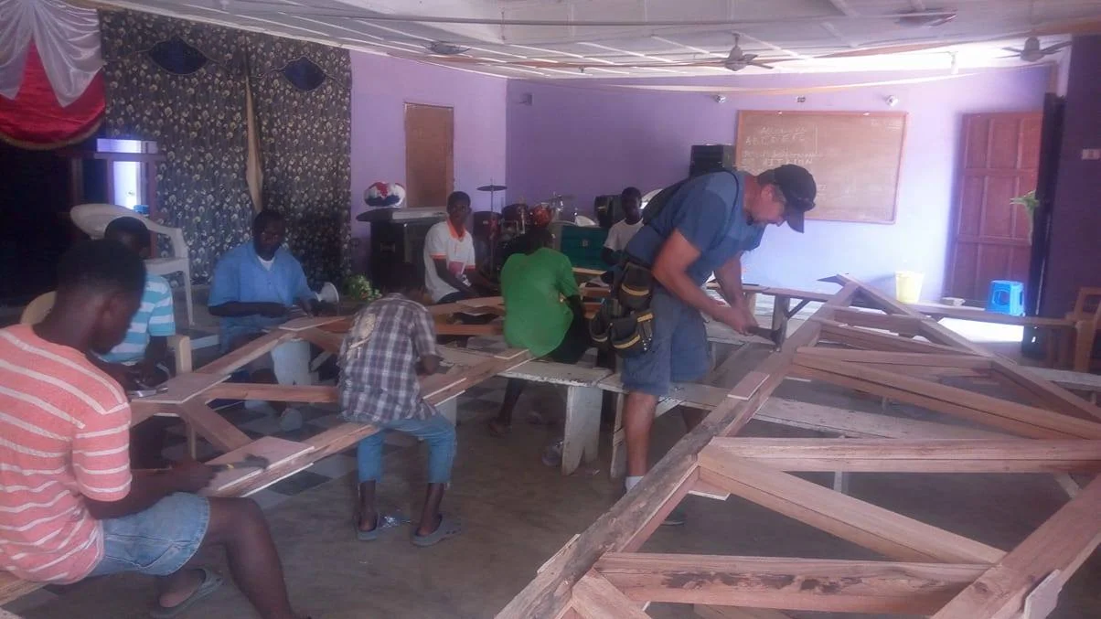 All the rafters were made inside the church with a big crew!