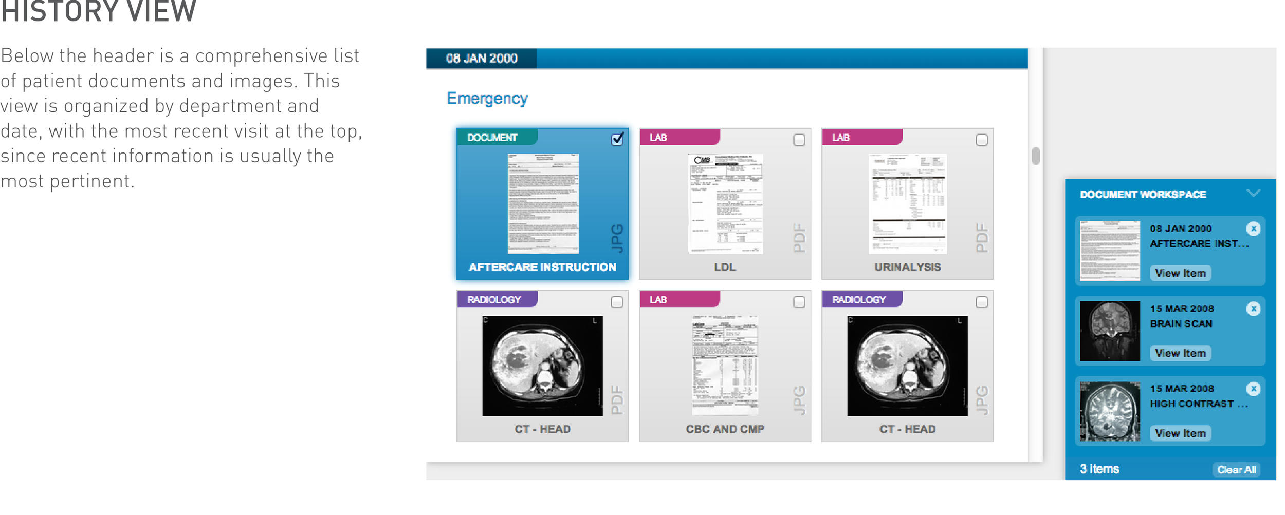The thumbnails provide a preview as well as descriptive information like caption, file type, and content type. Selecting the checkbox causes the document to appear in the Document Workspace which makes it possible to select many documents to view without losing track of what is selected.