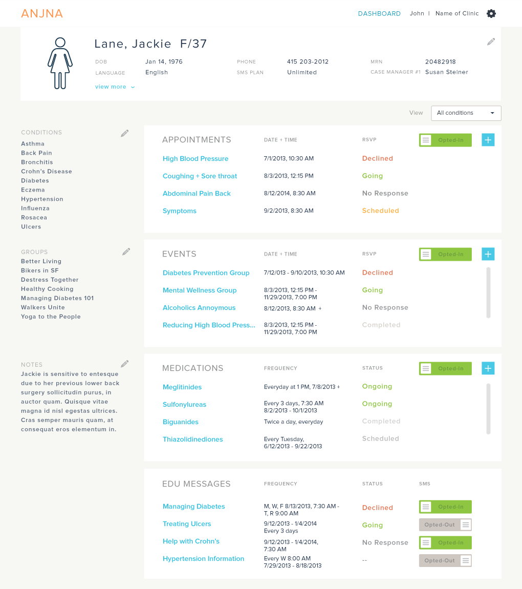 The patient profile provides a comprehensive understanding of the different Appointment, Event, Medication, and Educational Messages they will and have received. Whether a user is opted-in or out can be viewed or controlled from their profile.