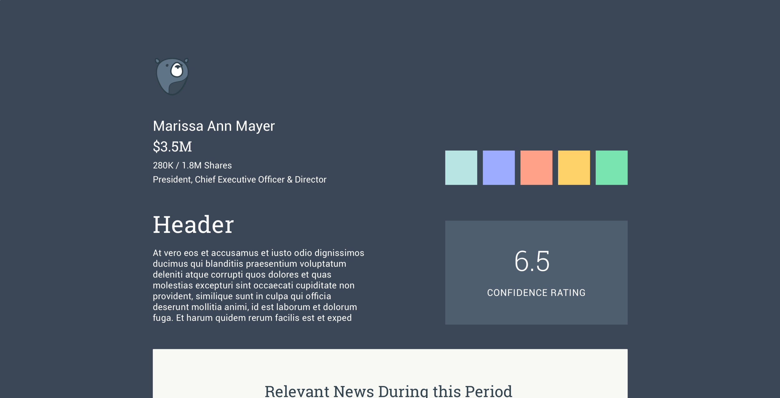 In the beginning of the project we discussed as a team that Smarter Bear should be modern, fast, simple, and accessible. I found a balance between trustworthy and official with warm and friendly elements. The darker blue communicates trust and dependability while the accent colors are warm and approachable. The softer yet confident slab serif is used for the headers paired with it's clean san serif counterpart. The approachable yet smart bear logo gazes in the direction its headed.