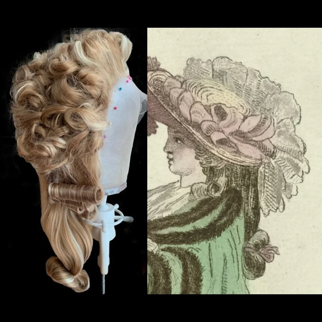 Inspiration for my 1781-95ish wig styling tutorial available on Patreon at 18thCenturyWig.

For the back hair cadogan (also called catogan or catacoua) knot -- the low, looped knot at the ends: 
1. 1786 Journal des Luxus; 2. 1785 Gallerie des Modes; 