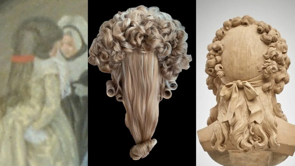 Inspiration for my 1781-95ish wig styling tutorial available on Patreon at 18thCenturyWig.

For the back hair - something easily missed (because back views are hard to find) is that the back hair was very different from the front curls, being long &a