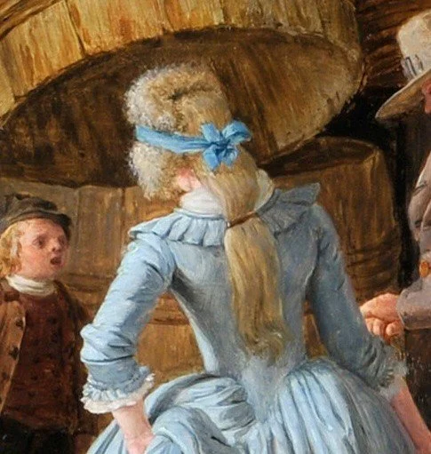 I'm always happy to find a great back view of an #18thcenturyhairstyle - this one from the 1780s. Yes, the front/top/sides are frizzy, but the back is long and straight! That contrasting back texture/length is key to #18thcenturyhairstyling. Want to 