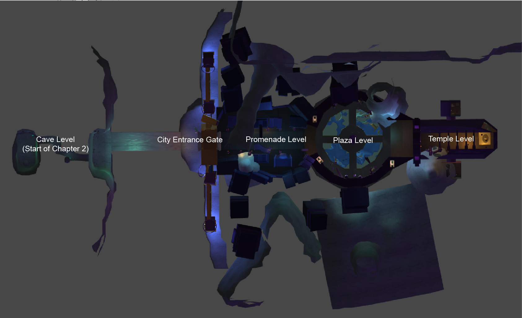 Unity editor - Top view of entry into the city to the temple level