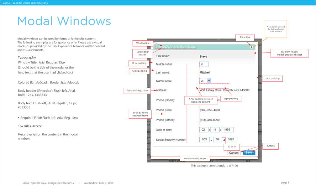 Servicing application: modal window specifications