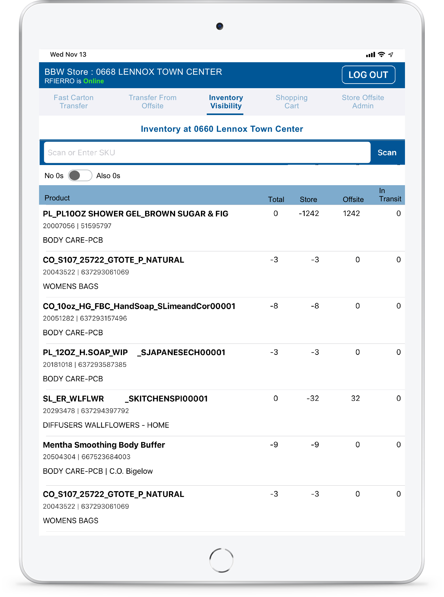 iPad app: BBW inventory visibility