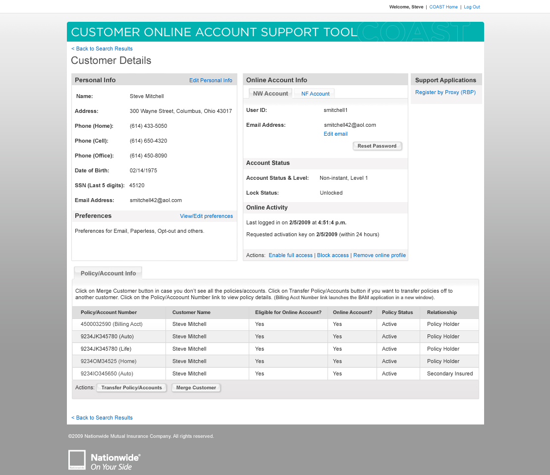 Customer account support tool: internal application