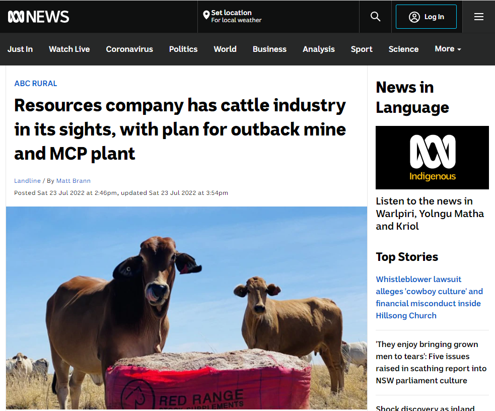 Media Coverage: ABC News - Resources company has cattle industry in its  sights, with plan for outback mine and MCP plant — Chatham Rock Phosphate