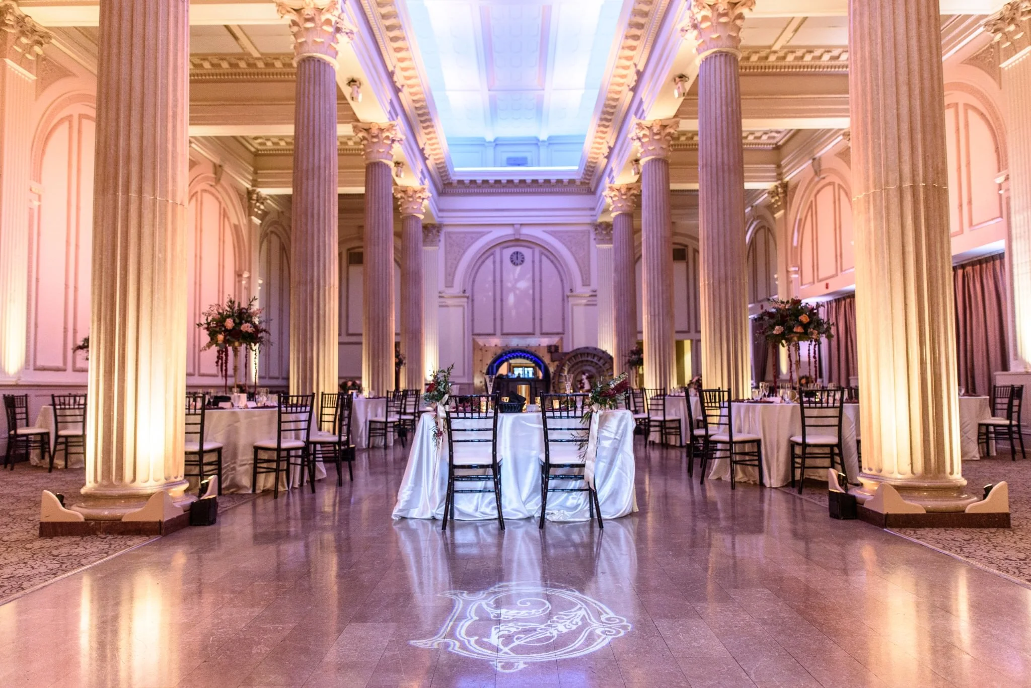 The Treasury ballroom with the gobo lighting up the floor - just before guests are let in for the reception.
