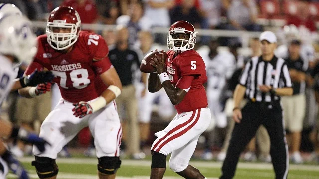 Hoosier QB Tre Roberson drops back for a pass against Indiana State