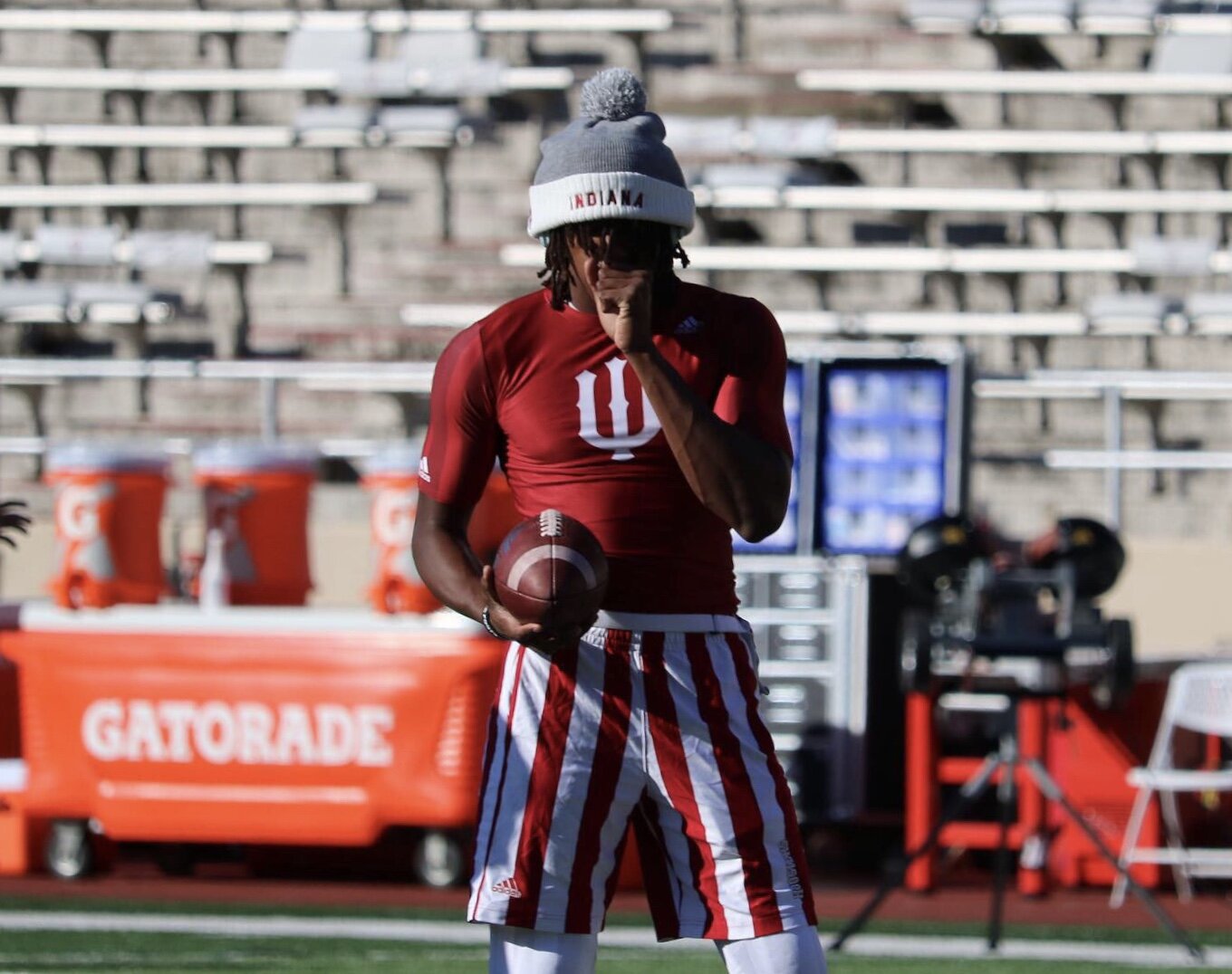  Redshirt Freshman Quarterback Michael Penix warms up for homecoming matchup with Rutgers, donning Indiana’s bicentennial gear. 