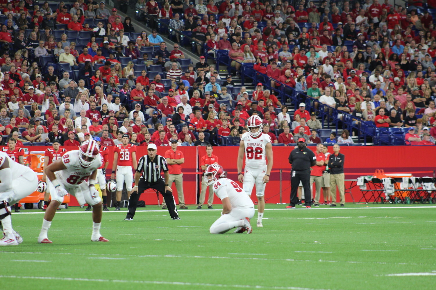 Fifth-year Senior Kicker Logan Justus kicks IU to victory over Ball State in their season-opener game at Lucas Oil Stadium. Justus went 4-4 for field goals, setting his career-high three times over in that game with his successful 48, 49, and 50-yar