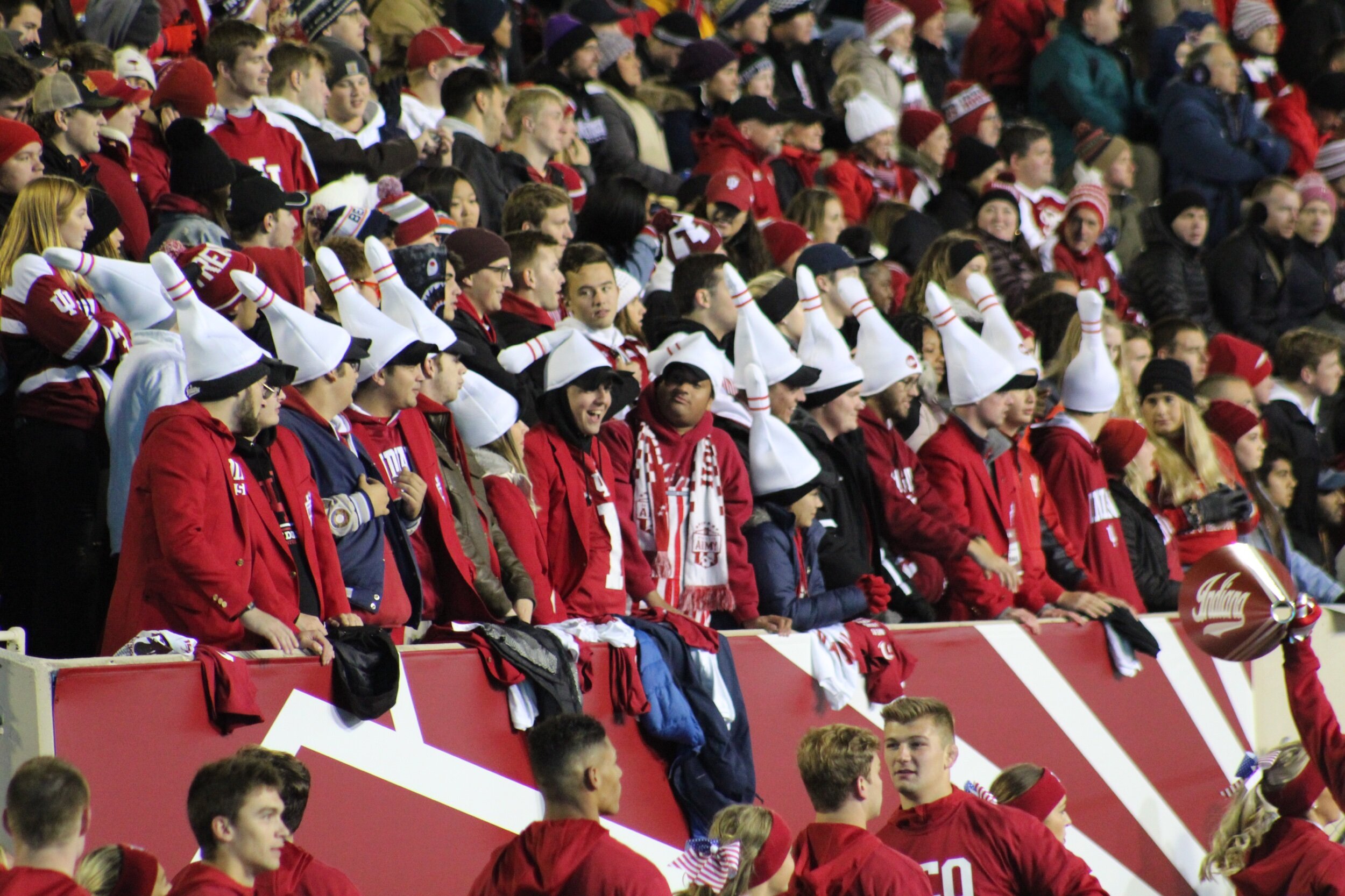 IU student section show up in bowling pin hats for the Northwestern game in honor of Indiana’s bowl bid earned after back-to-back road wins at Maryland and Nebraska. 