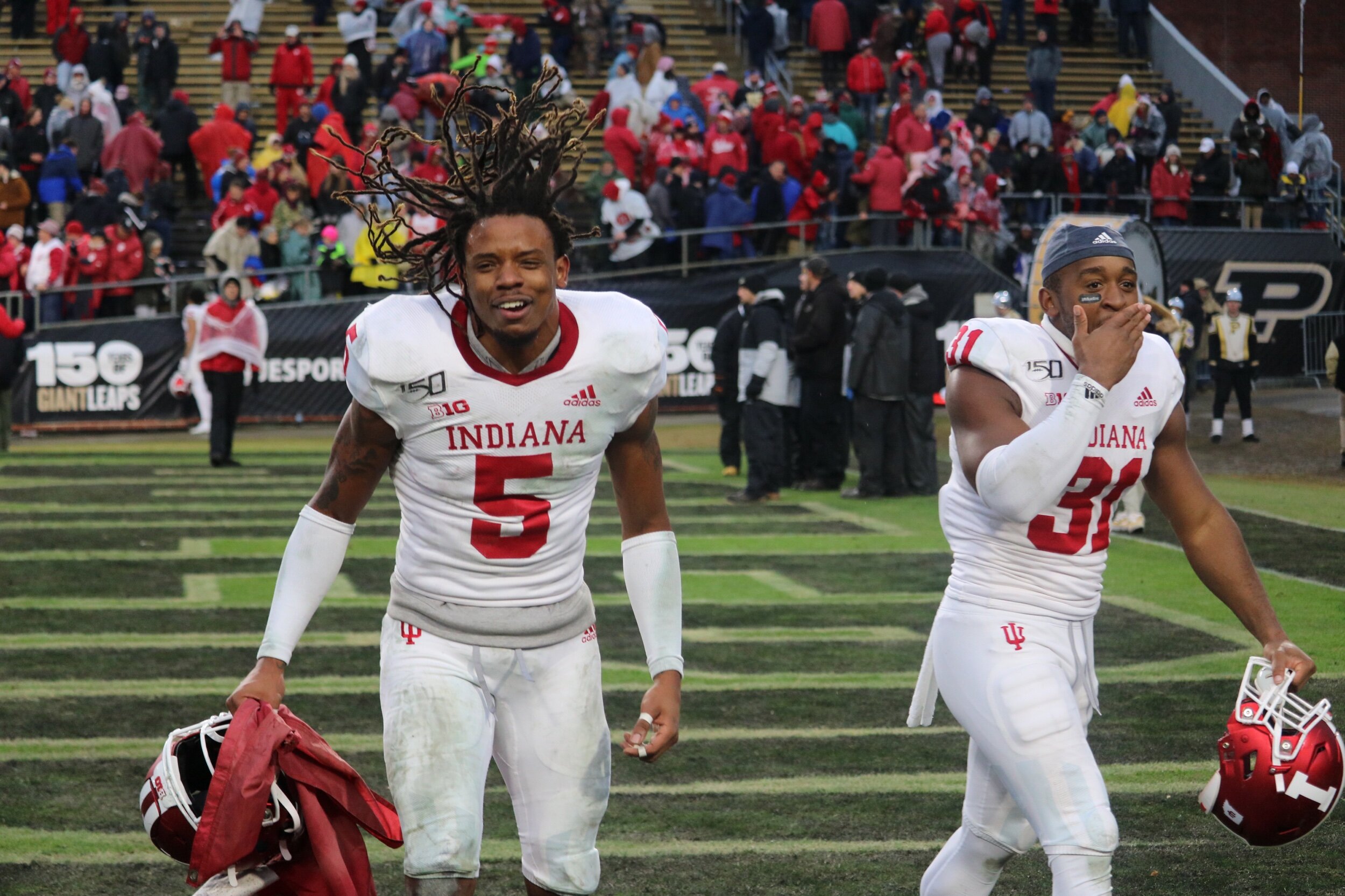  Redshirt sophomore DB Juwan Burgess celebrates Indiana’s 44-41 double overtime victory of the Old Oaken Bucket. Burgess tallied three tackles in West Lafayette, and ended his sophomore campaign with 29 tackles, 22 solo and 7 assists, and 2 tackles f