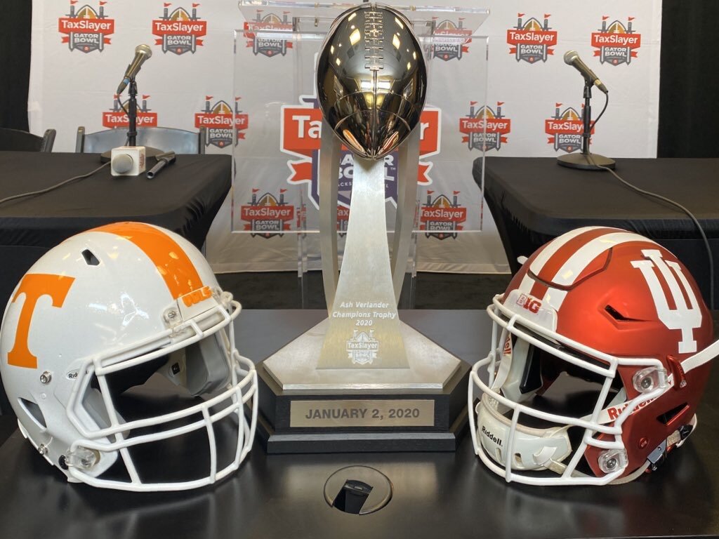  The TaxSlayer Gator Bowl hardware on display ahead of the final press conference leading up to Indiana’s first Florida bowl game in the history of the program. 
