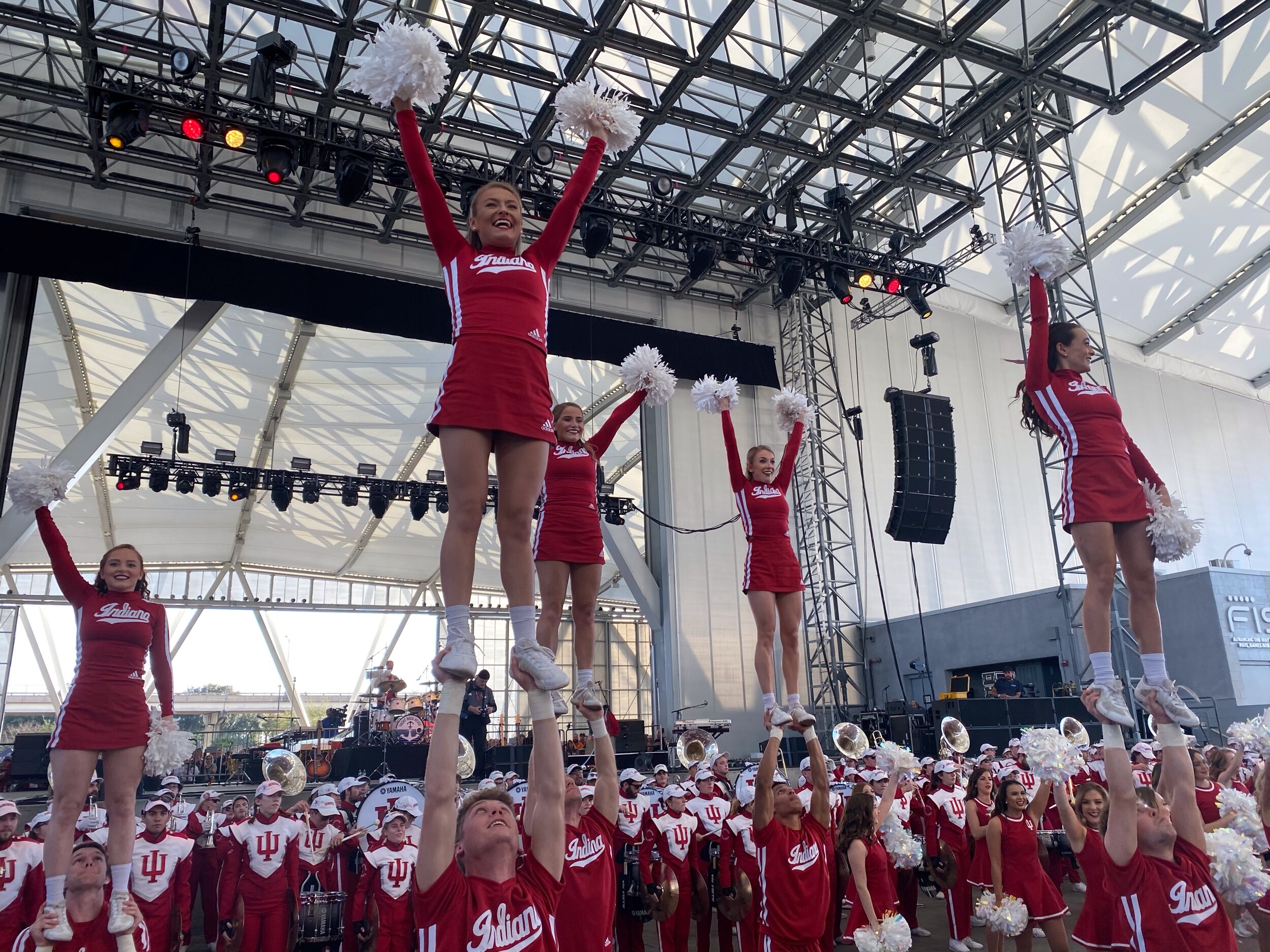 Indiana Cheerleading squad, the Marching Hundred, and Redsteppers at the pep rally on TaxSlayer Gator Bowl Gameday 