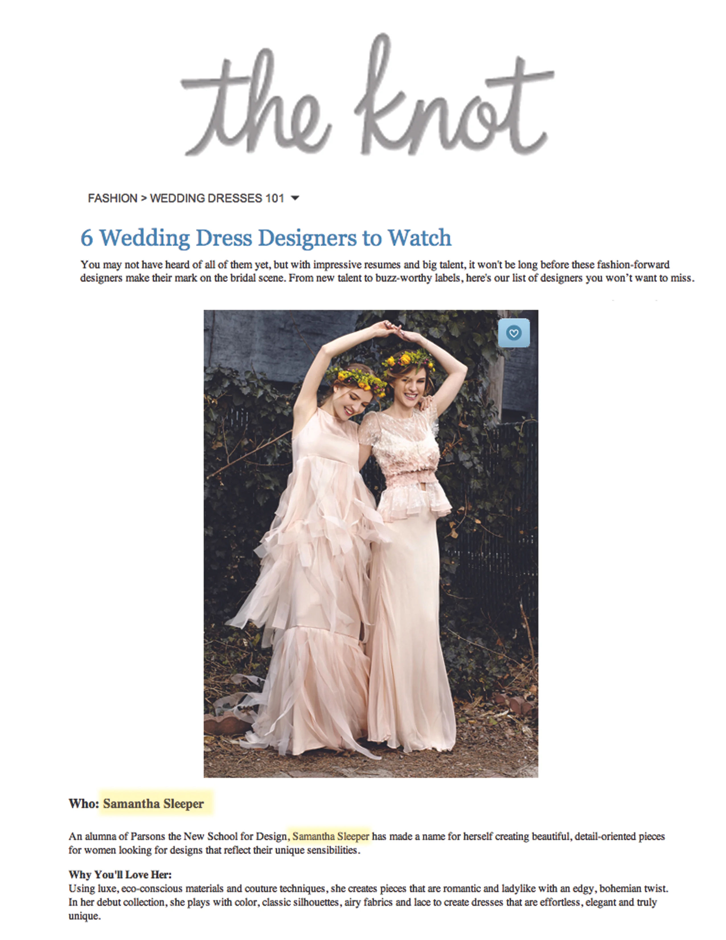 The Knot names Samantha Sleeper one of Six Bridal designers to watch!