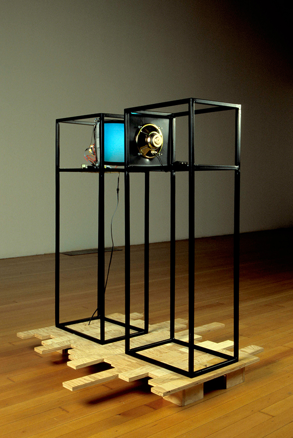 Althea, 2002, Monitor, speaker, powder-coated steel, wood, electronic components, 50 x 42 x 14 inches