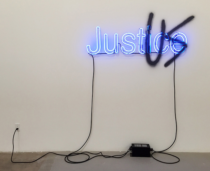 Interest of the Strong (Thrasymachus), 2015, Spray paint, neon, transformer, 30 x 52 inches