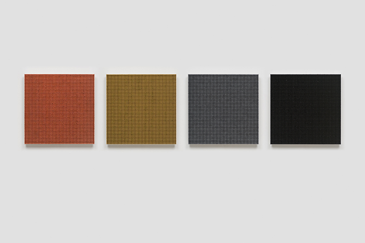 136.36 Seconds (Installation View), 2014, 115 grain 9mm lead bullets, aluminum, 17 3/4 x 17 3/4 x 7/8 each