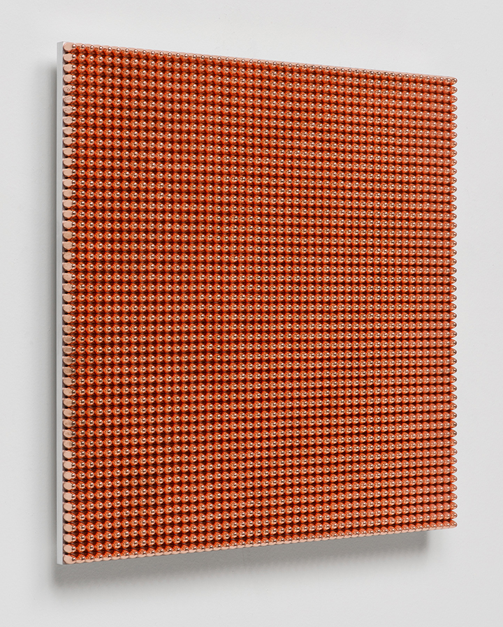 136.36 Seconds, 2014, Copper plated 115 grain 9mm lead bullets, aluminum, 17 3/4 x 17 3/4 x 7/8 inches