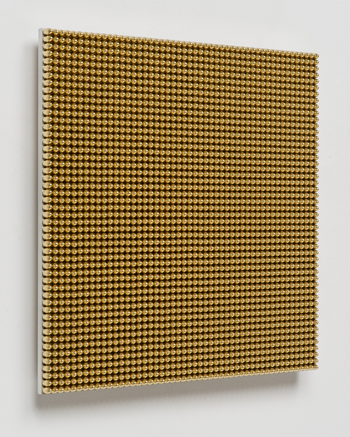 136.36 Seconds, 2014, Gold anodized 115 grain 9mm lead bullets, aluminum, 17 3/4 x 17 3/4 x 7/8 inches