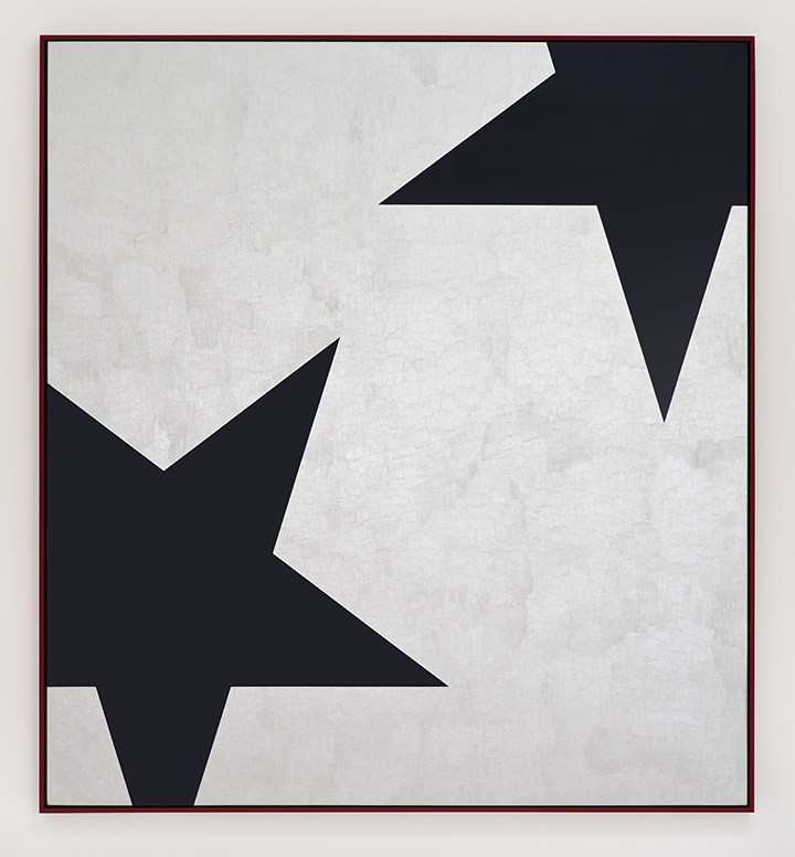 Falling Stars (Blue on Silver with Red), 2015, Acrylic on canvas on wood panel with wood frame, 60 x 55 inches