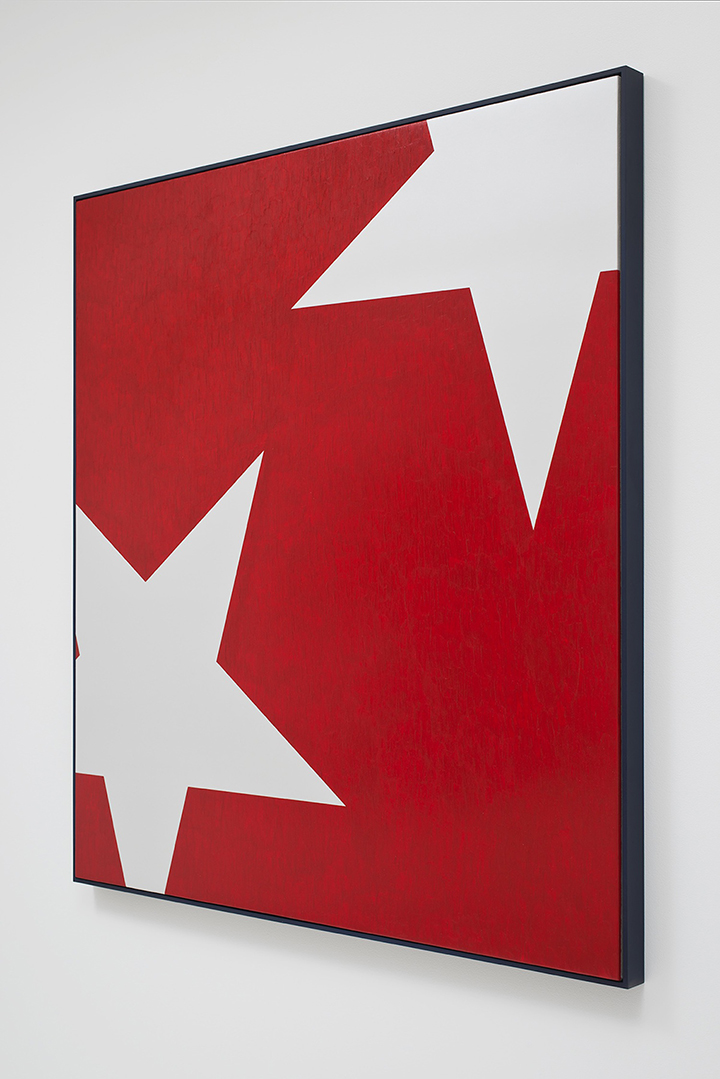 Falling Stars (Silver on Red with Blue), 2015, Acrylic on canvas on wood panel with wood frame, 60 x 55 inches